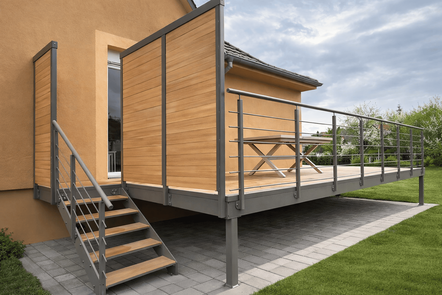 TERRASSE SUR PILOTIS_1331_ILLKIRCH_BAS RHIN_ALSACE | Metallerie Schuhpaint Claustras sur-mesure : poteaux métal, remplissage bois, alu ou verre Sélestat 4