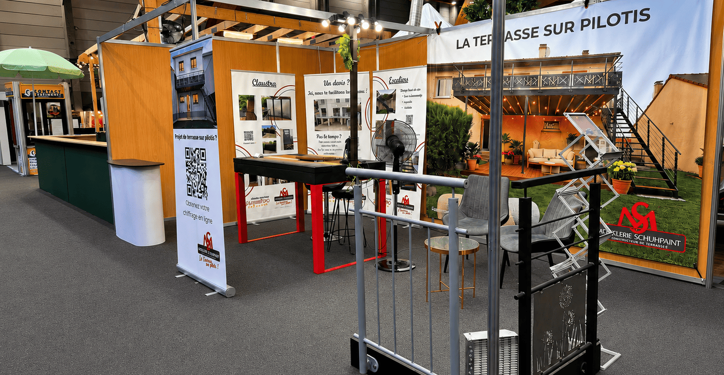 01_STAND SCHUHPAINT_VUE GENERALE PRINCIPALE 1448X750 | Metallerie Schuhpaint J-0 : notre stand est prêt ! Sélestat